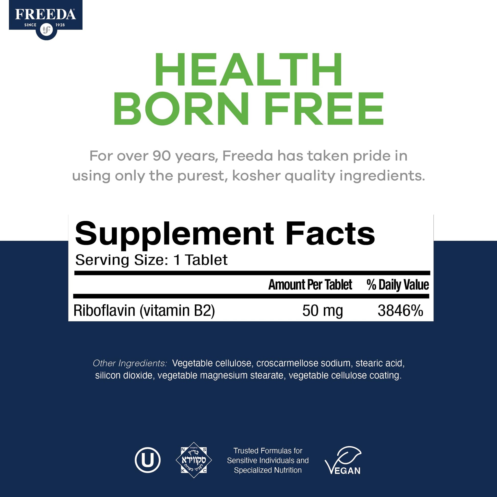 Freeda Kosher and Vegan Vitamin B2 supplement bottle side view showing certifications
