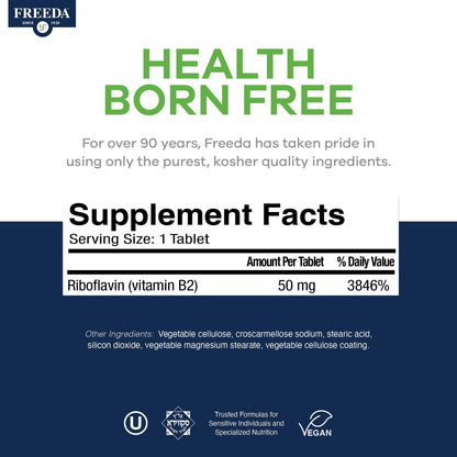 Freeda Kosher and Vegan Vitamin B2 supplement bottle side view showing certifications