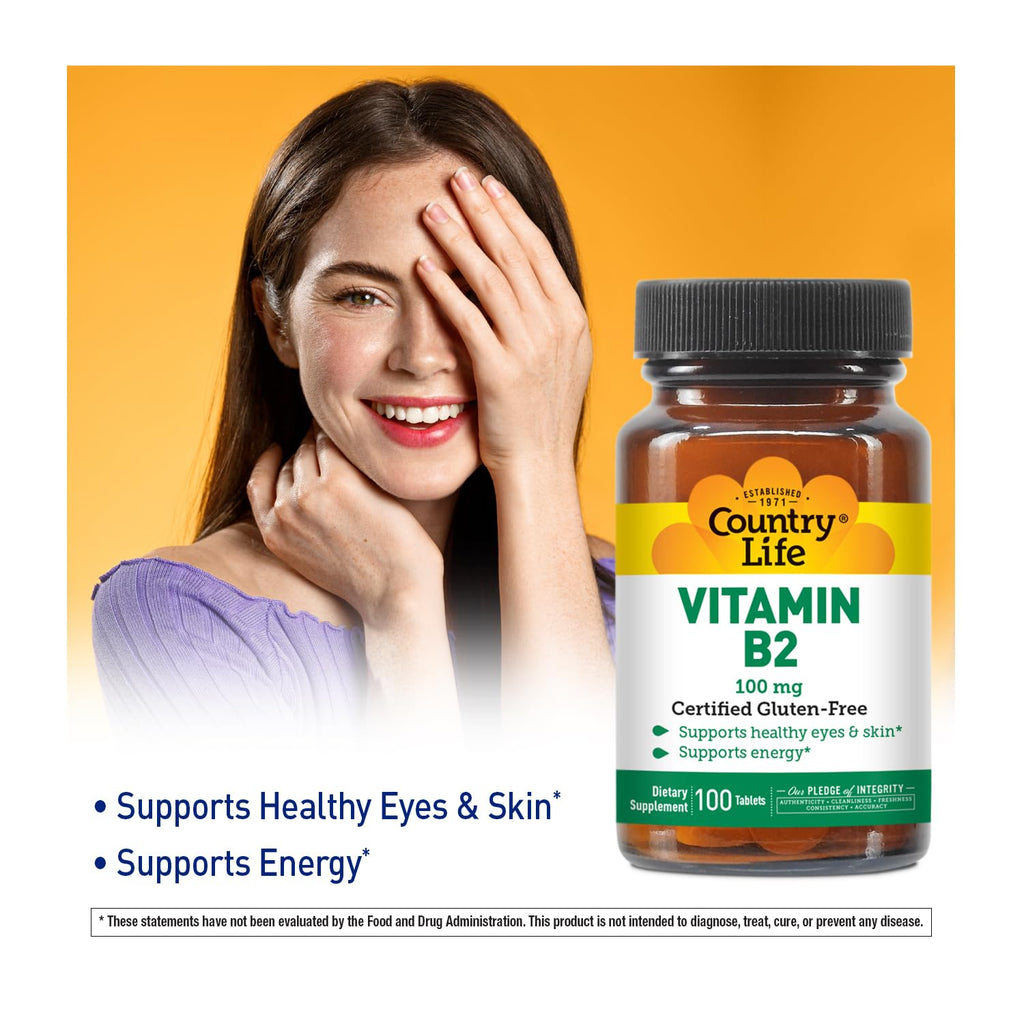 Country Life Riboflavin supplement side label showing vegan and gluten free certifications