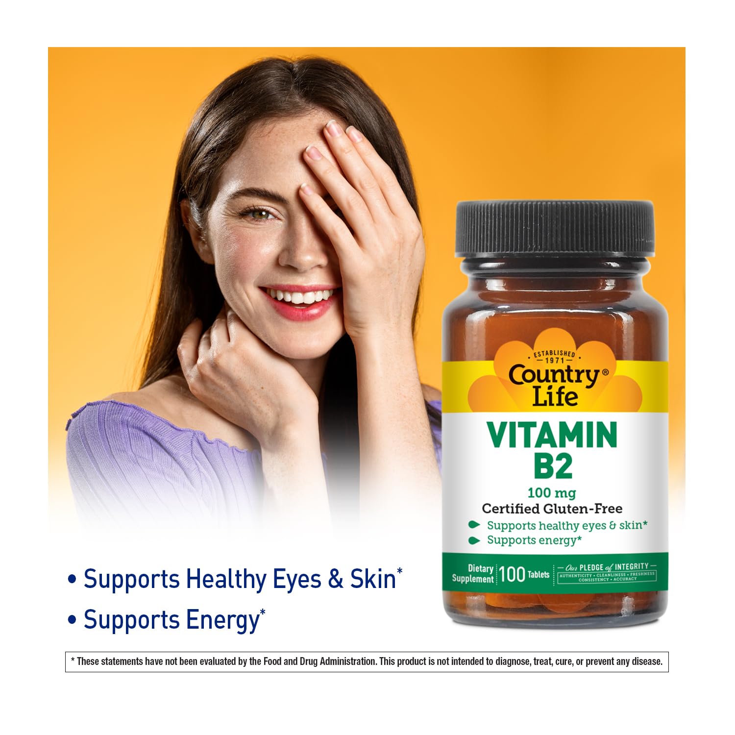 Country Life Riboflavin supplement side label showing vegan and gluten free certifications
