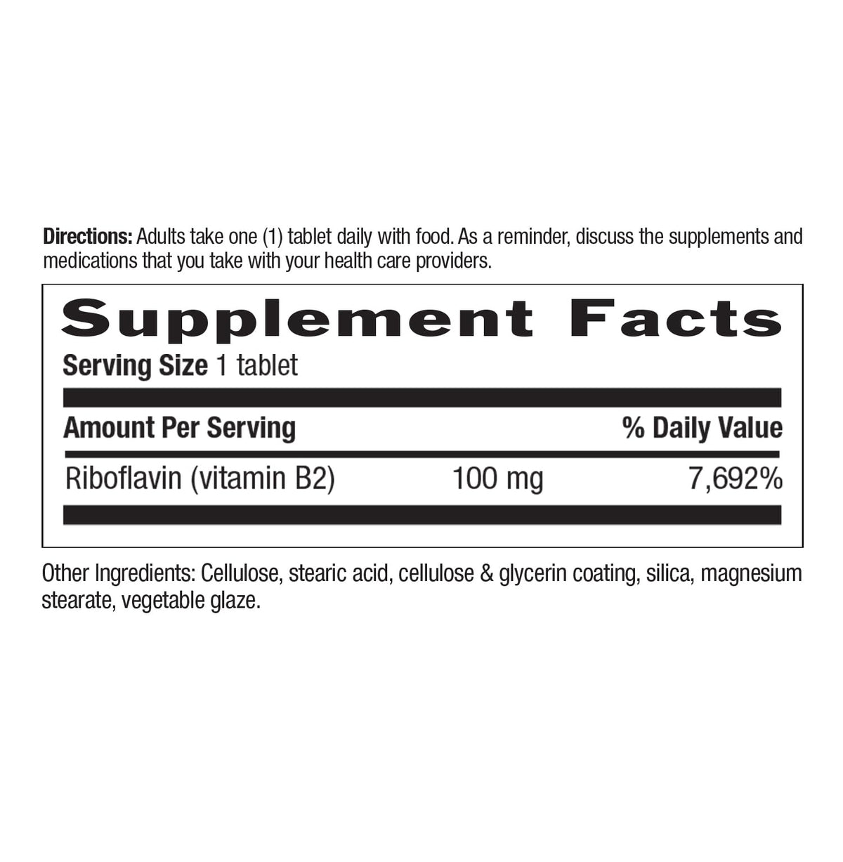 Riboflavin one hundred milligrams clean formula supplement facts panel closeup
