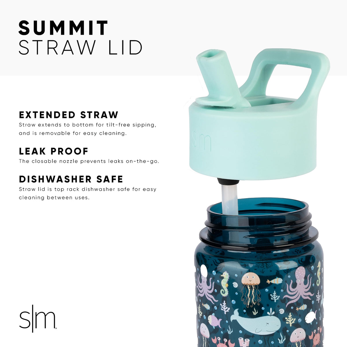 Close up shot of the covered leak-proof silicone straw lid on the Simple Modern Summit collection bottle.