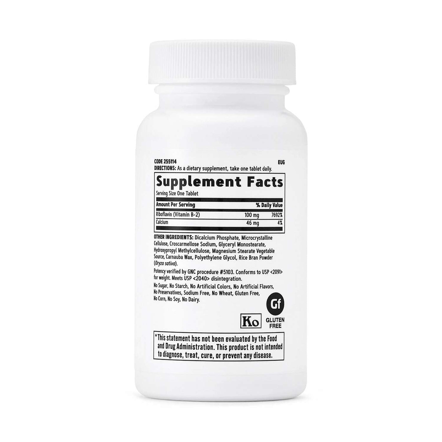 Side angle view of GNC Riboflavin supplement bottle highlighting metabolism support benefits