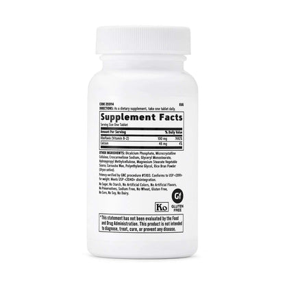 Side angle view of GNC Riboflavin supplement bottle highlighting metabolism support benefits