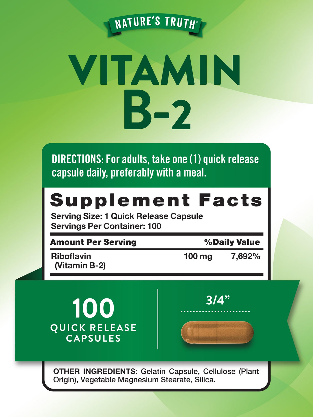 Natures Truth Riboflavin 100mg quick release capsules supplement facts label