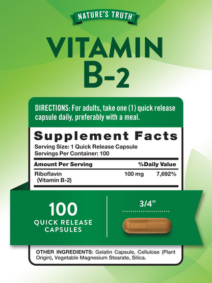 Natures Truth Riboflavin 100mg quick release capsules supplement facts label
