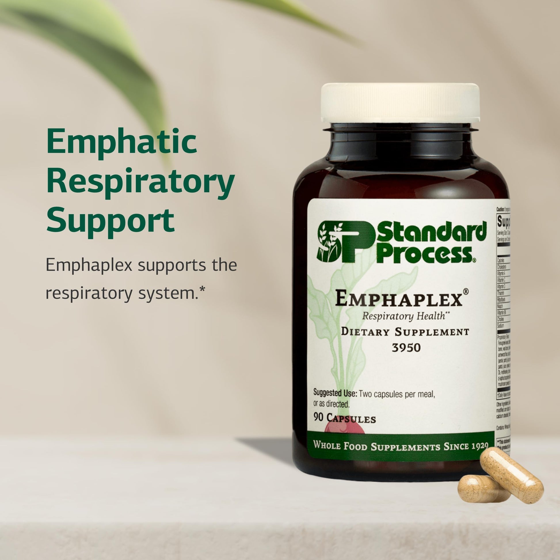 Side angle of Standard Process Emphaplex bottle detailing cellular energy benefits