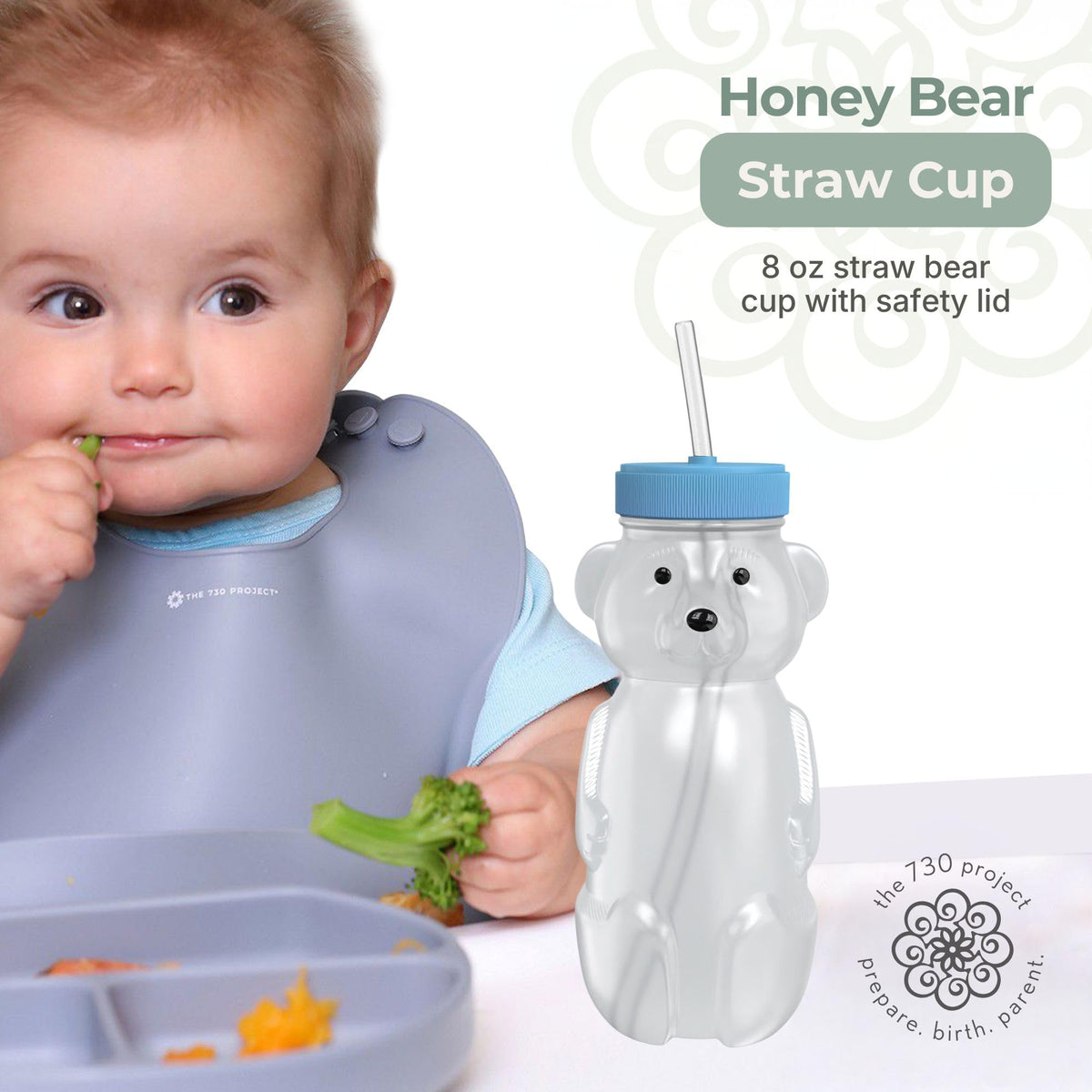 The 730 Project therapy learning honeybear baby cup set showing safety lids and flexible straws