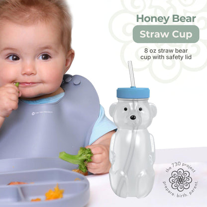 The 730 Project therapy learning honeybear baby cup set showing safety lids and flexible straws