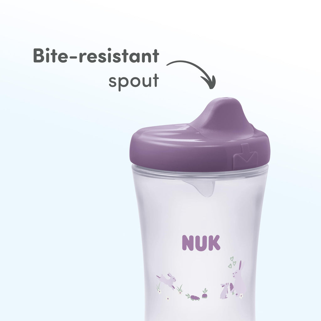 Disassembled parts of the NUK spill proof cup showing the easy to clean three piece structure.
