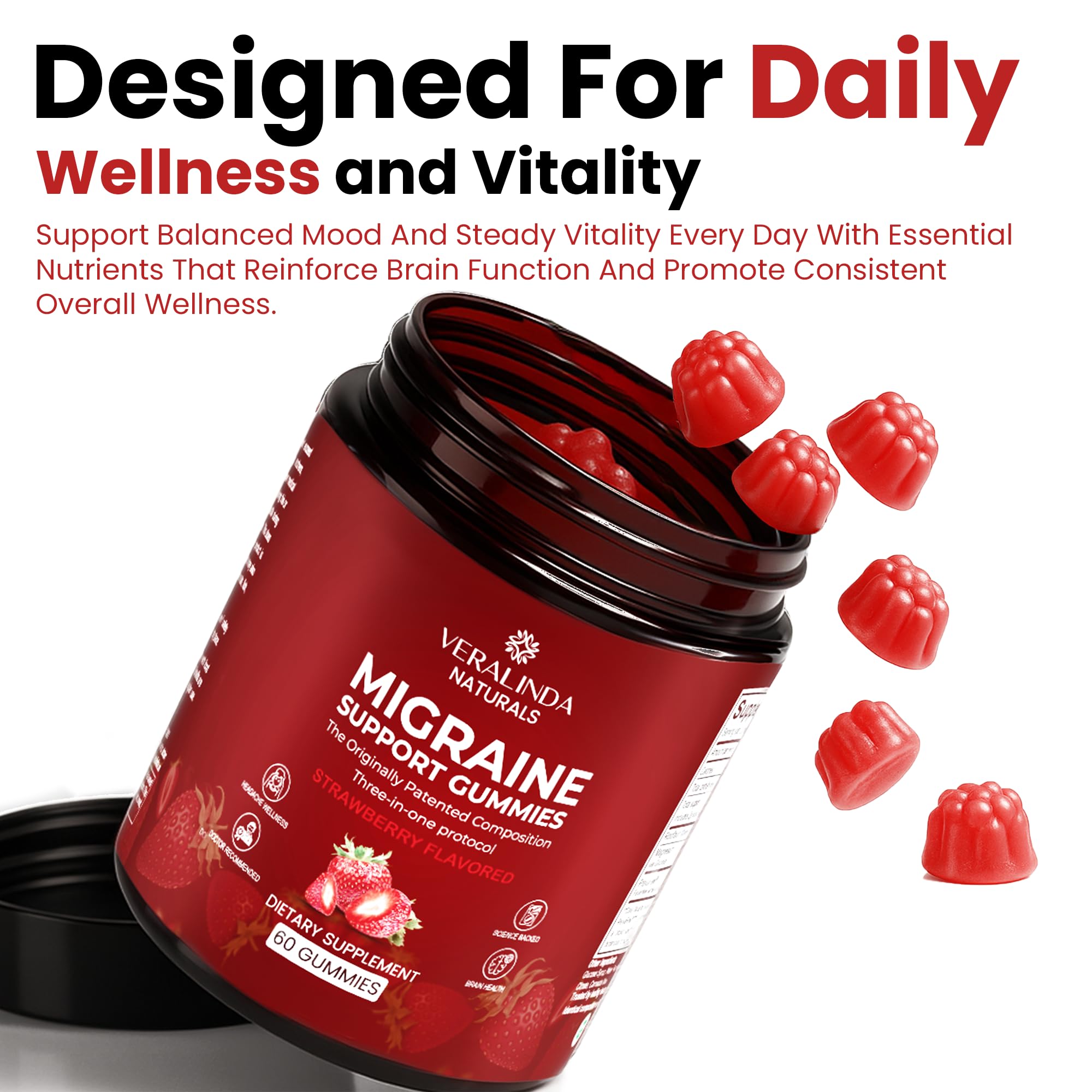 Veralinda Naturals Triple Protocol Formula gummies showing strawberry flavor details