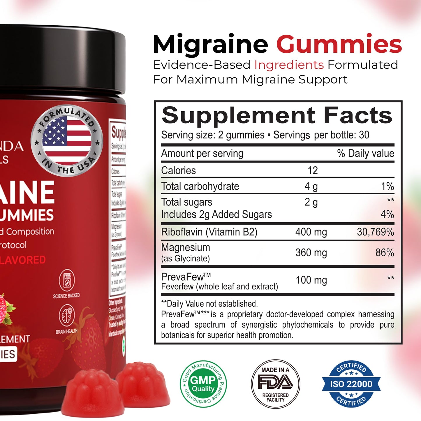 Veralinda Naturals chewable migraine care dietary supplement 60 count container side view