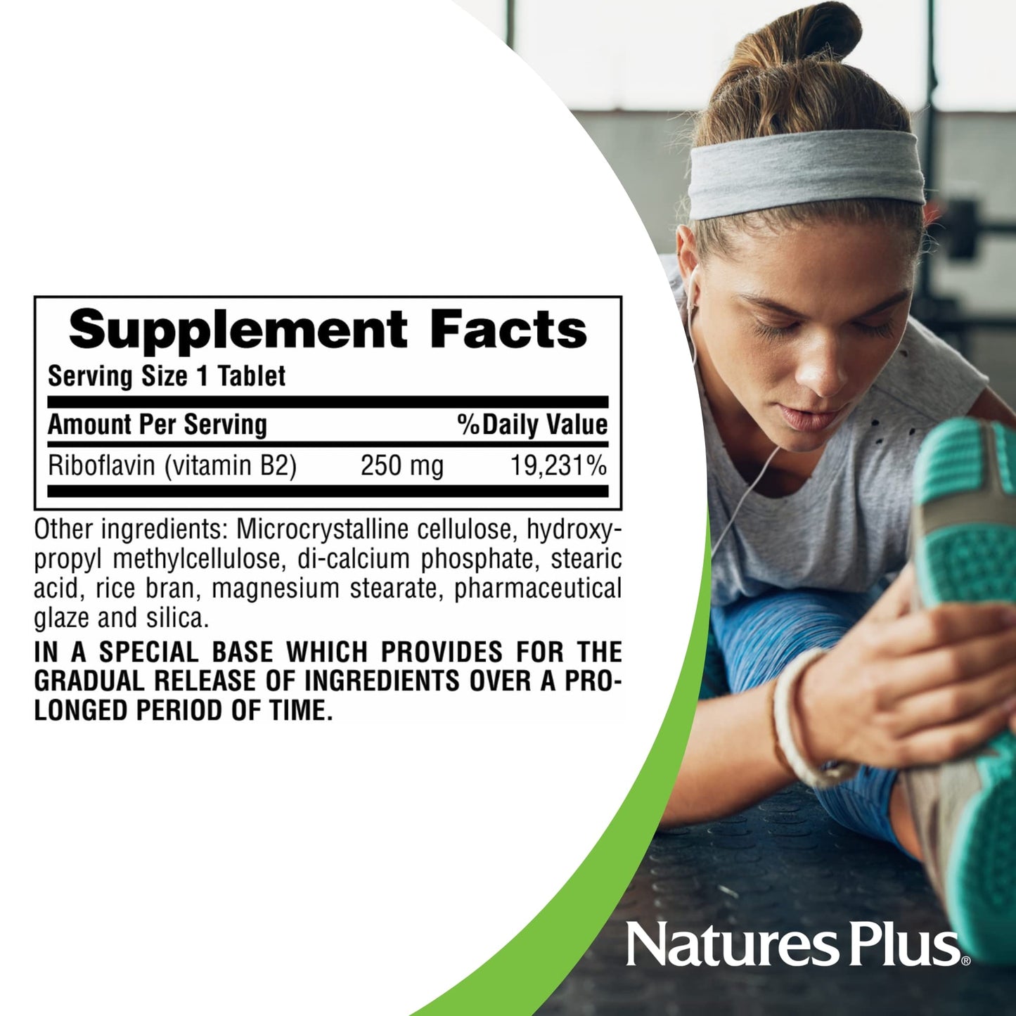 NaturesPlus Vitamin B2 premium gluten free sustained release formula side panel ingredients