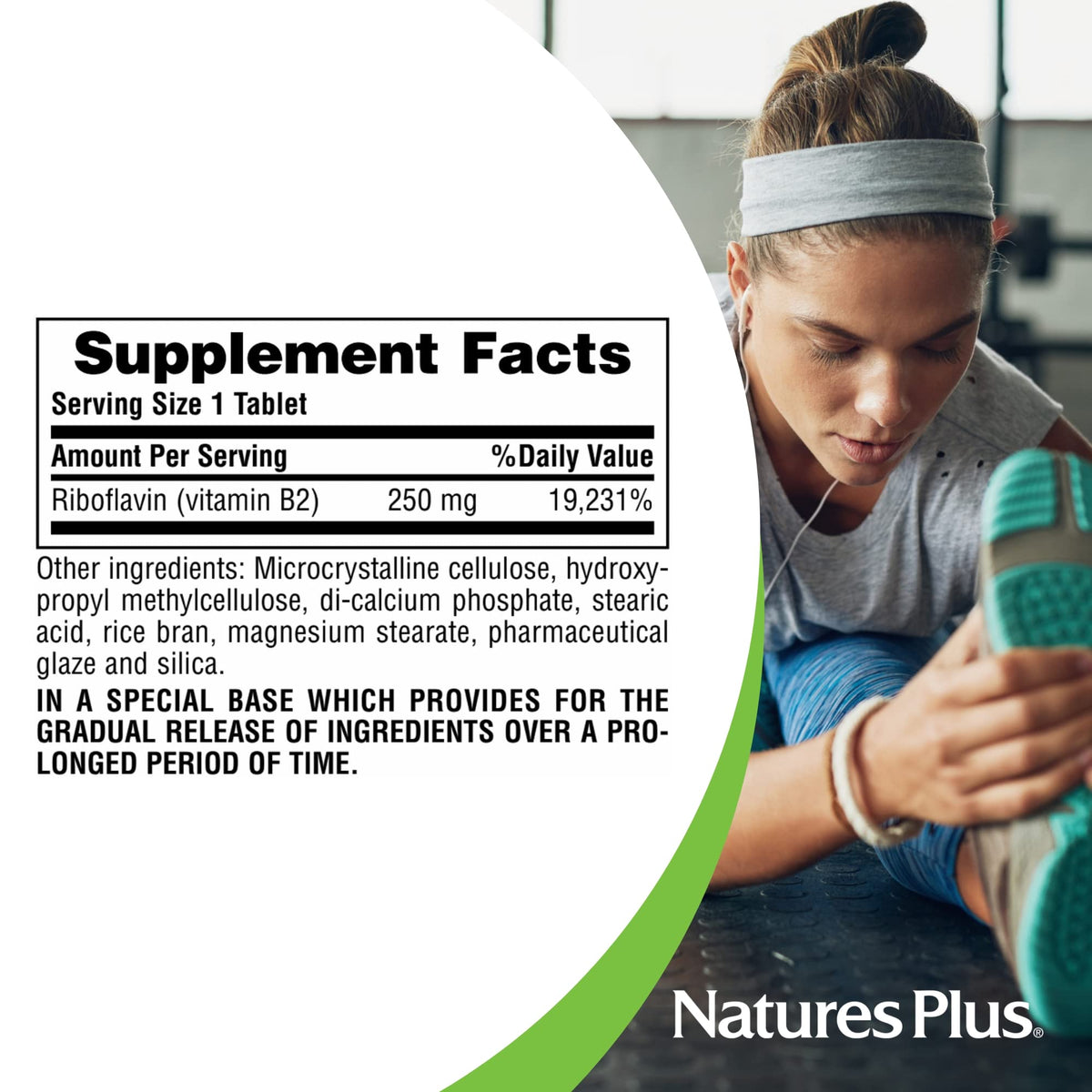 NaturesPlus Vitamin B2 premium gluten free sustained release formula side panel ingredients