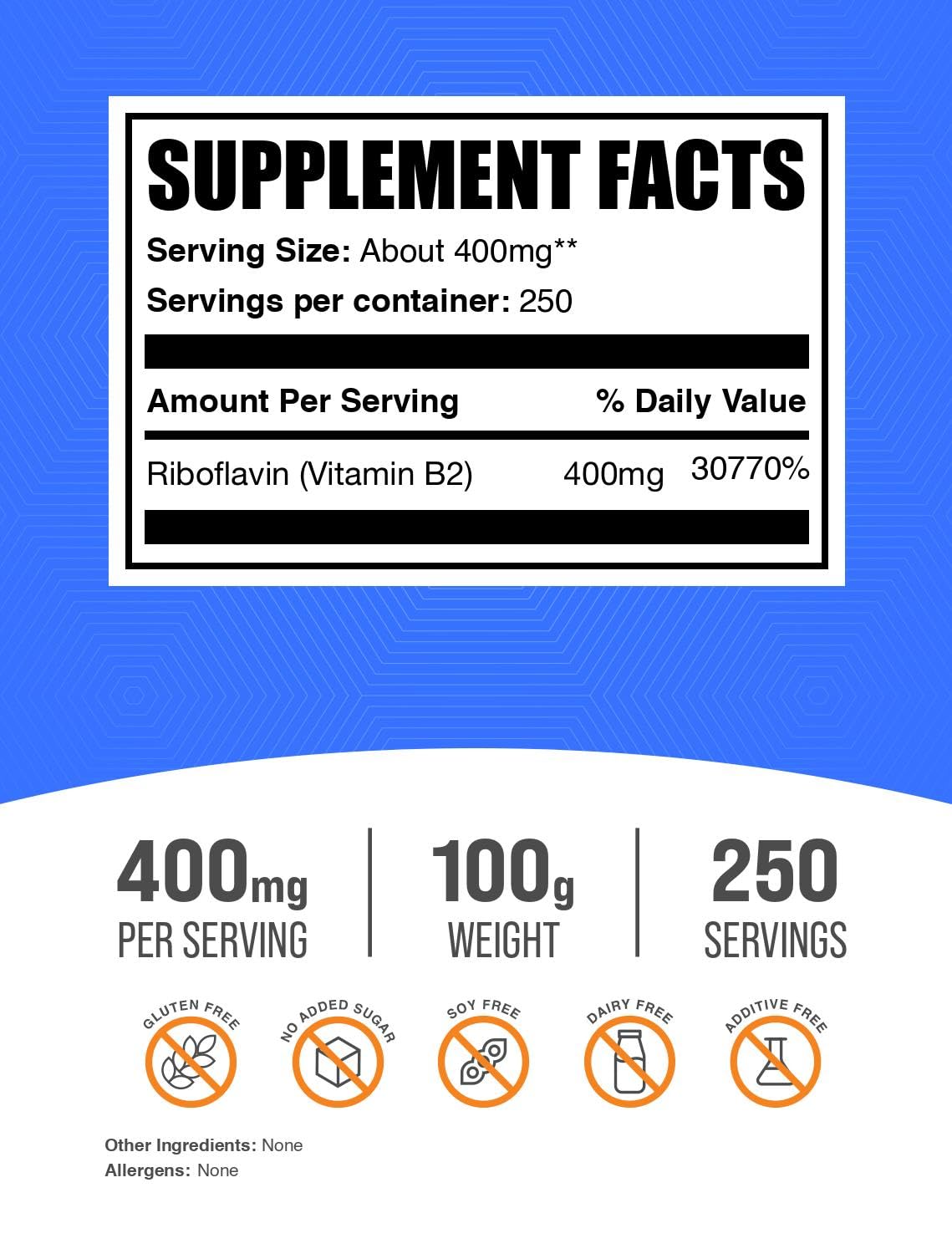 Pure Vitamin B2 unflavored dietary supplement powder packaging