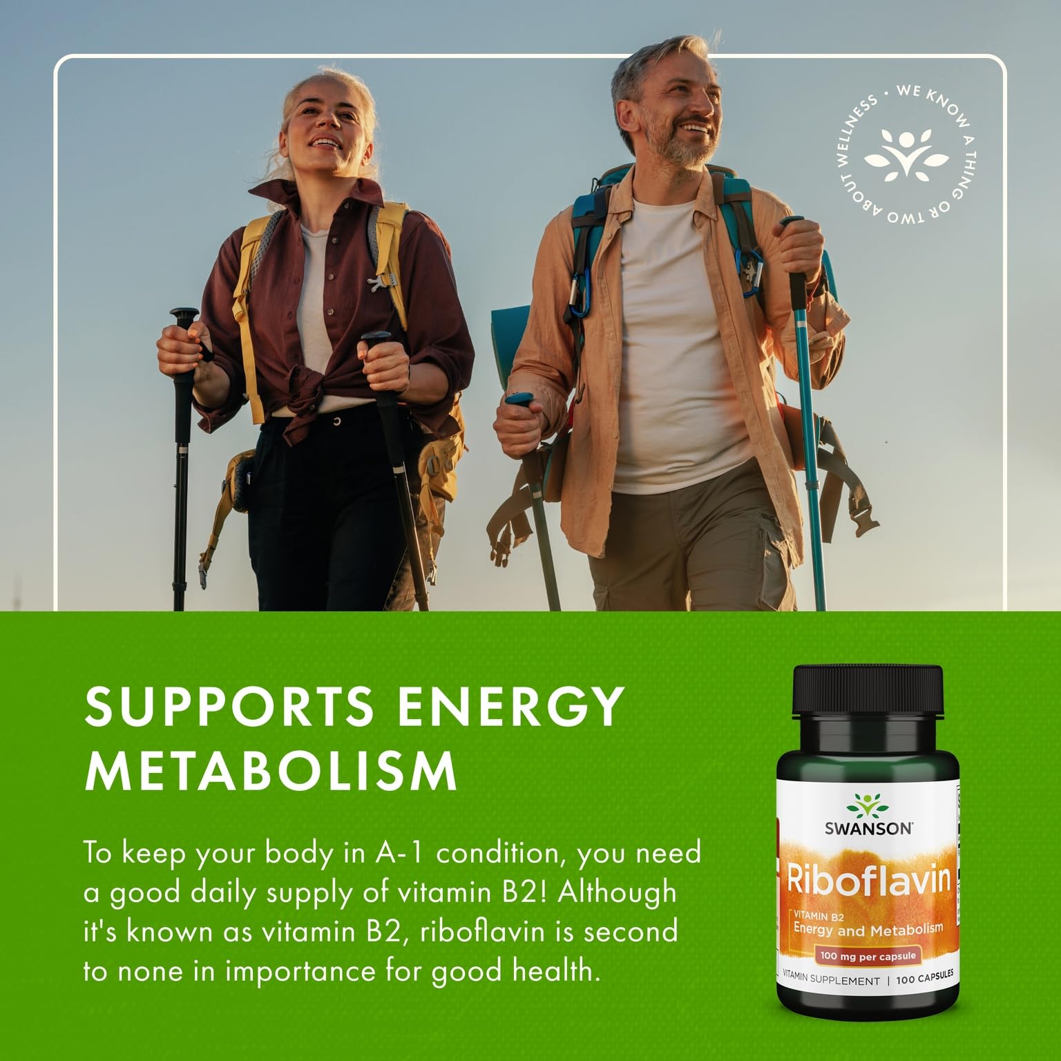 USA sourced Swanson Vitamin B2 supplement facts panel