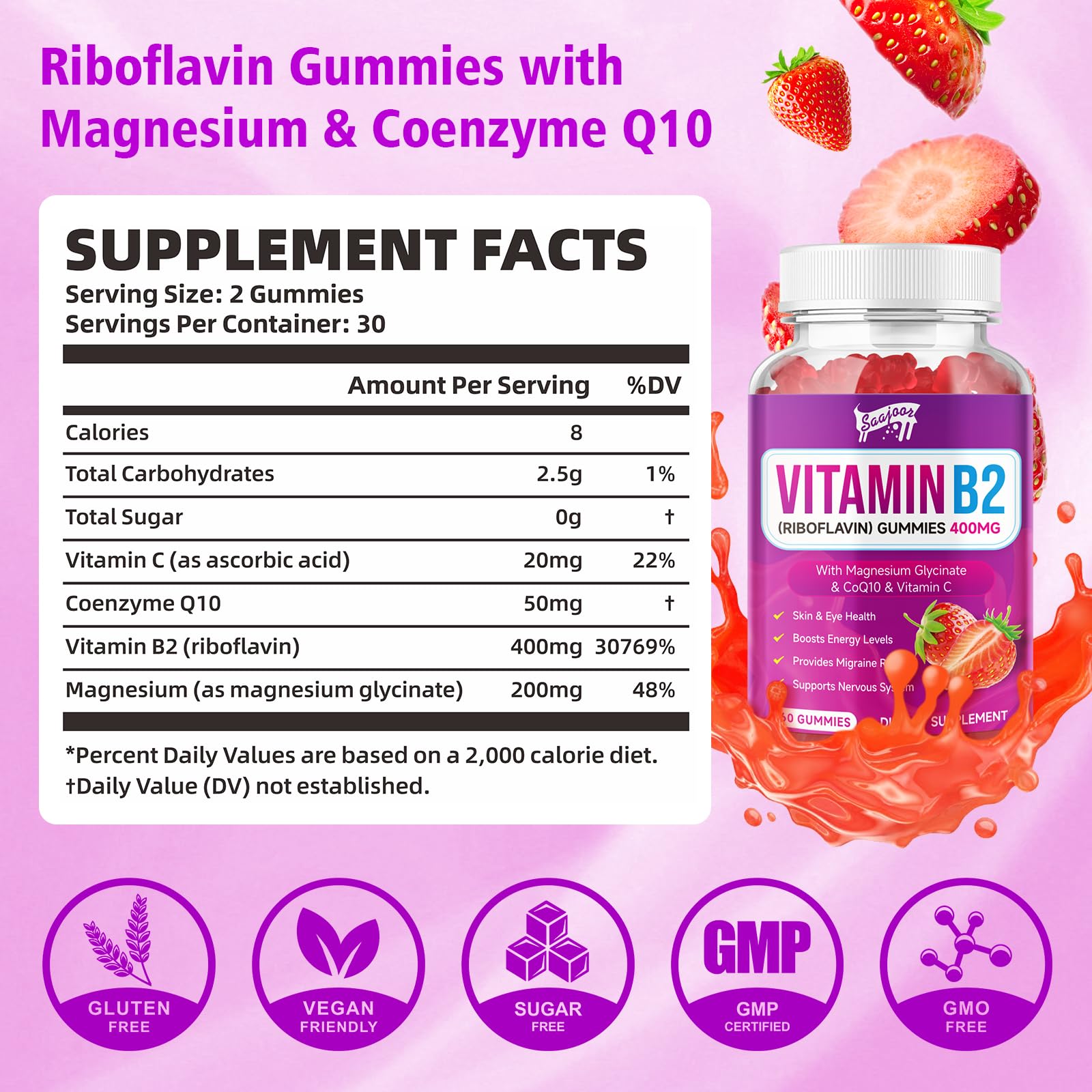 Saajoor imported high potency strawberry flavored riboflavin gummies back label showing ingredients.