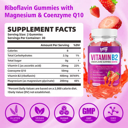 Saajoor imported high potency strawberry flavored riboflavin gummies back label showing ingredients.