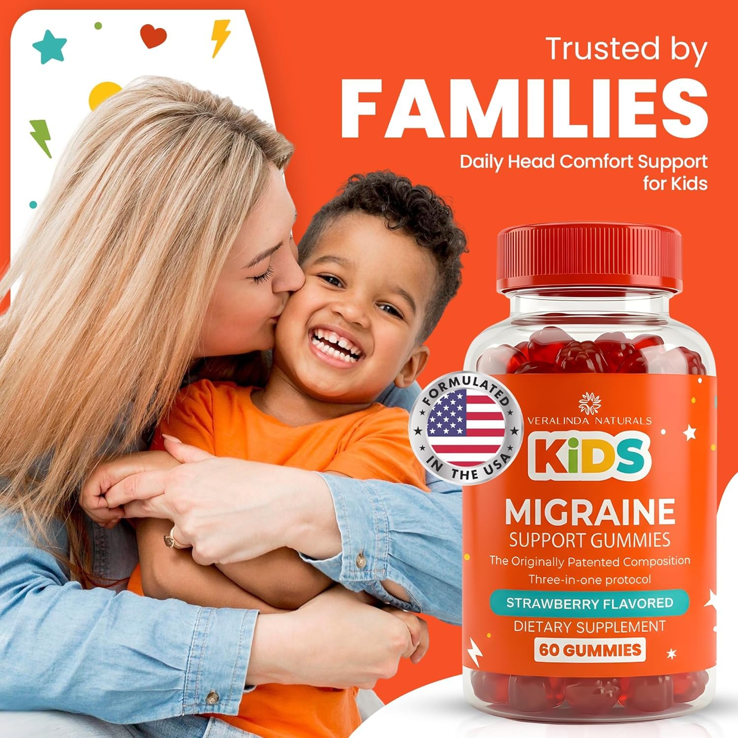 Veralinda Kids Migraine Support premium imported supplement bottle standing on clean background