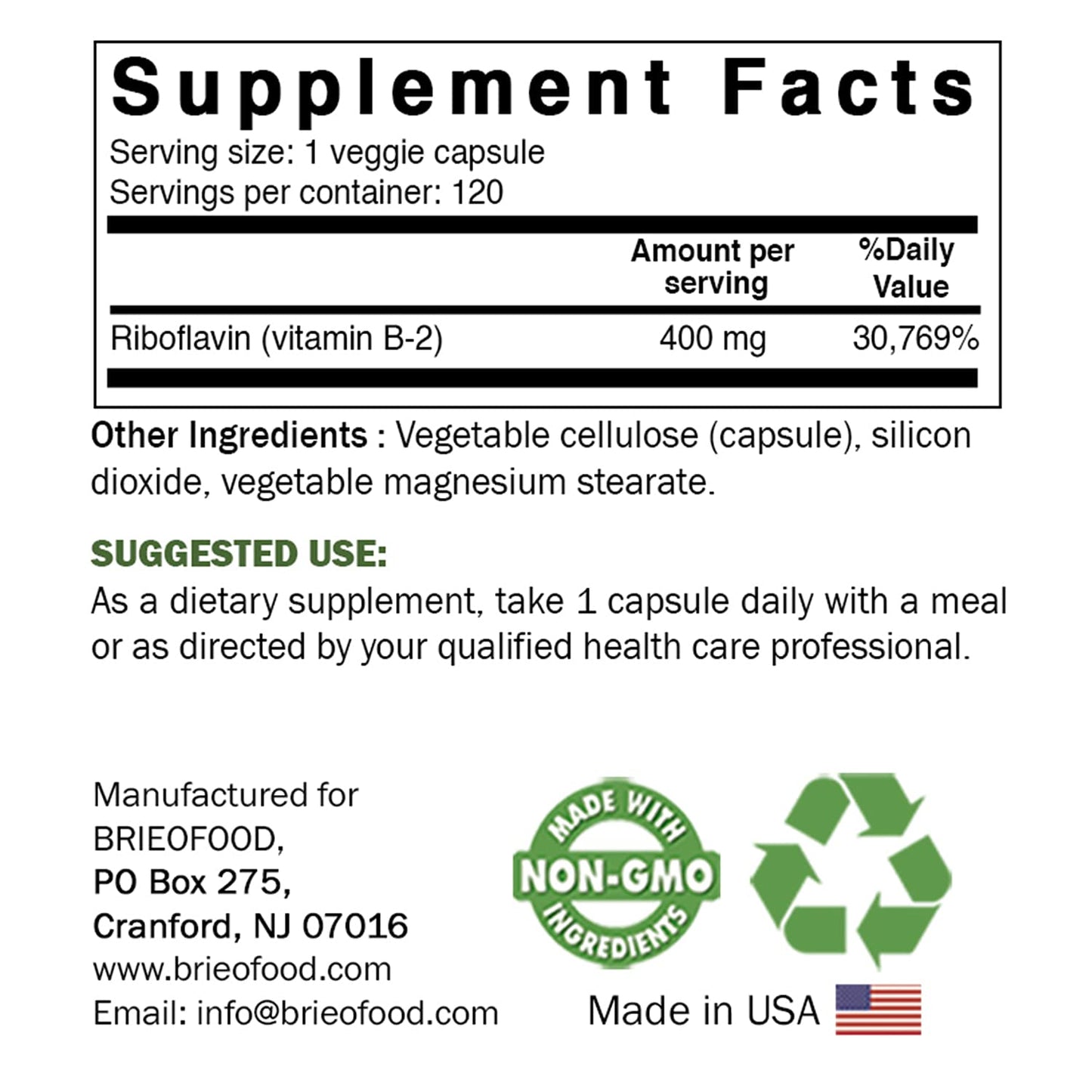 Brieofood Vitamin B2 400 mg high potency energy metabolism supplement label details