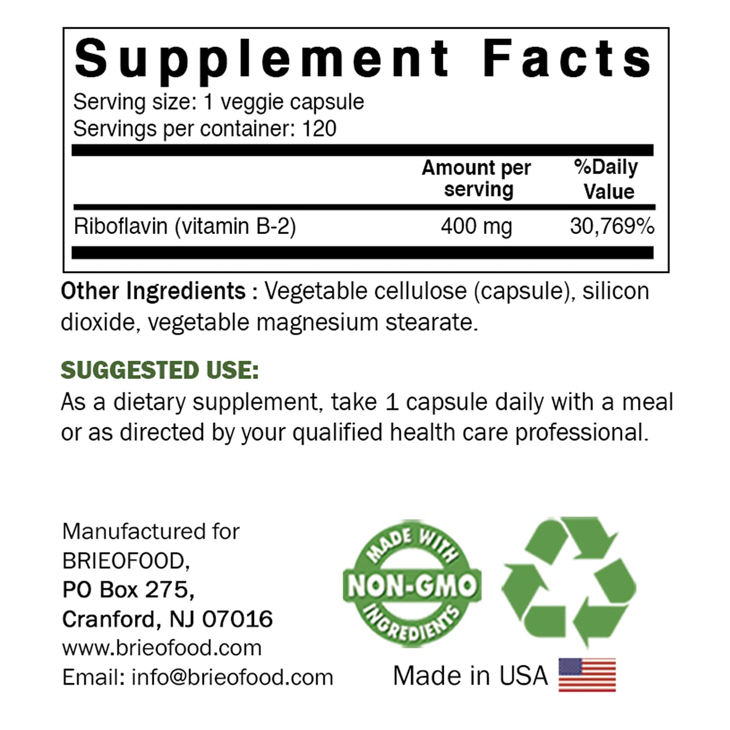 Brieofood Vitamin B2 400 mg high potency energy metabolism supplement label details