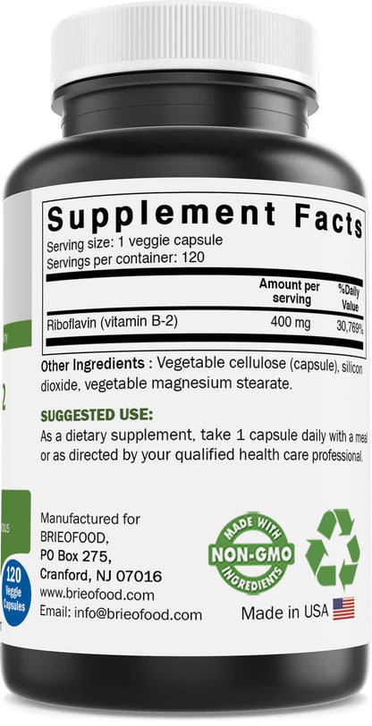 Brieofood Riboflavin vegetarian capsules nutritional facts and clean dietary attributes