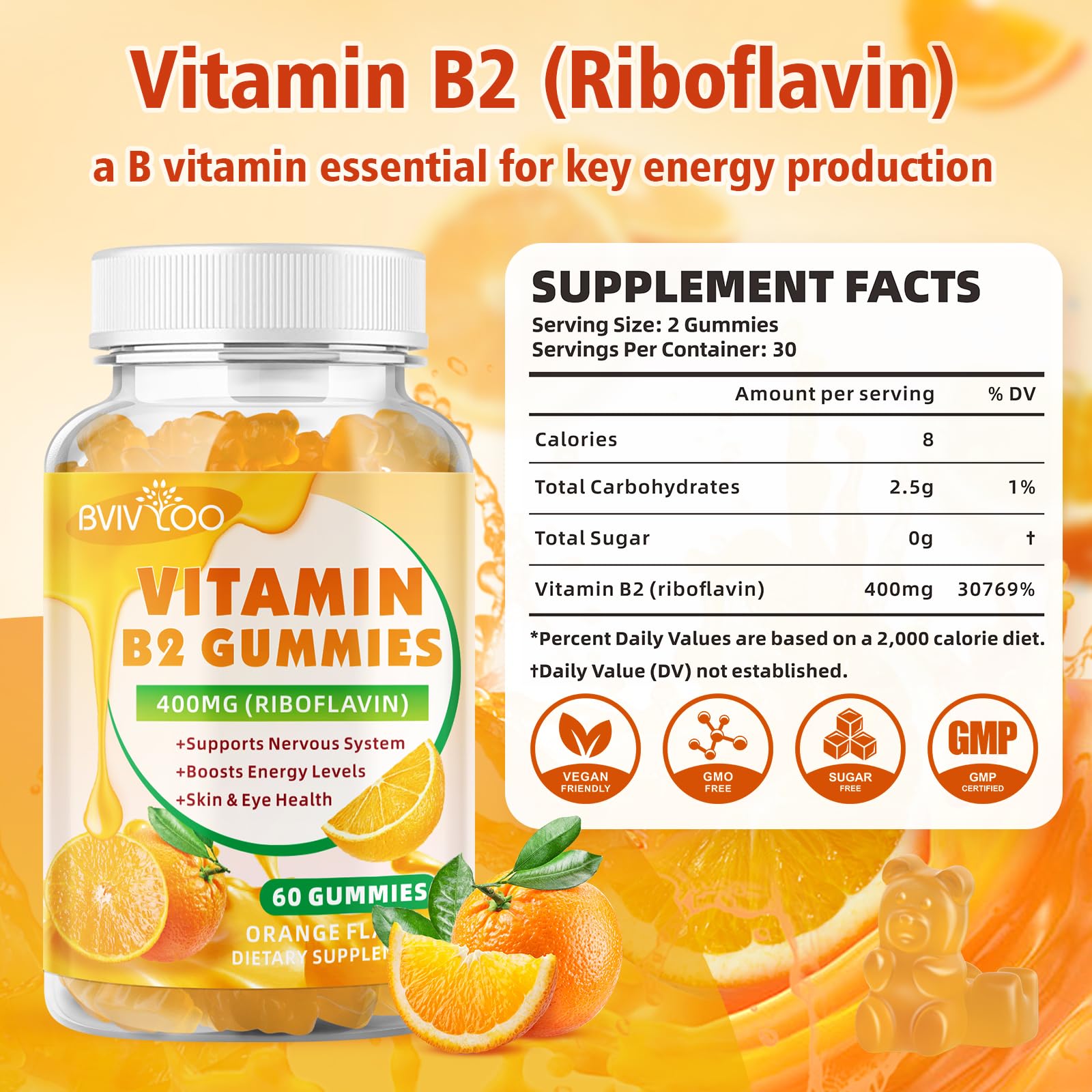 Safgumjel 400mg Riboflavin chewable sugar free orange flavor supplement facts panel