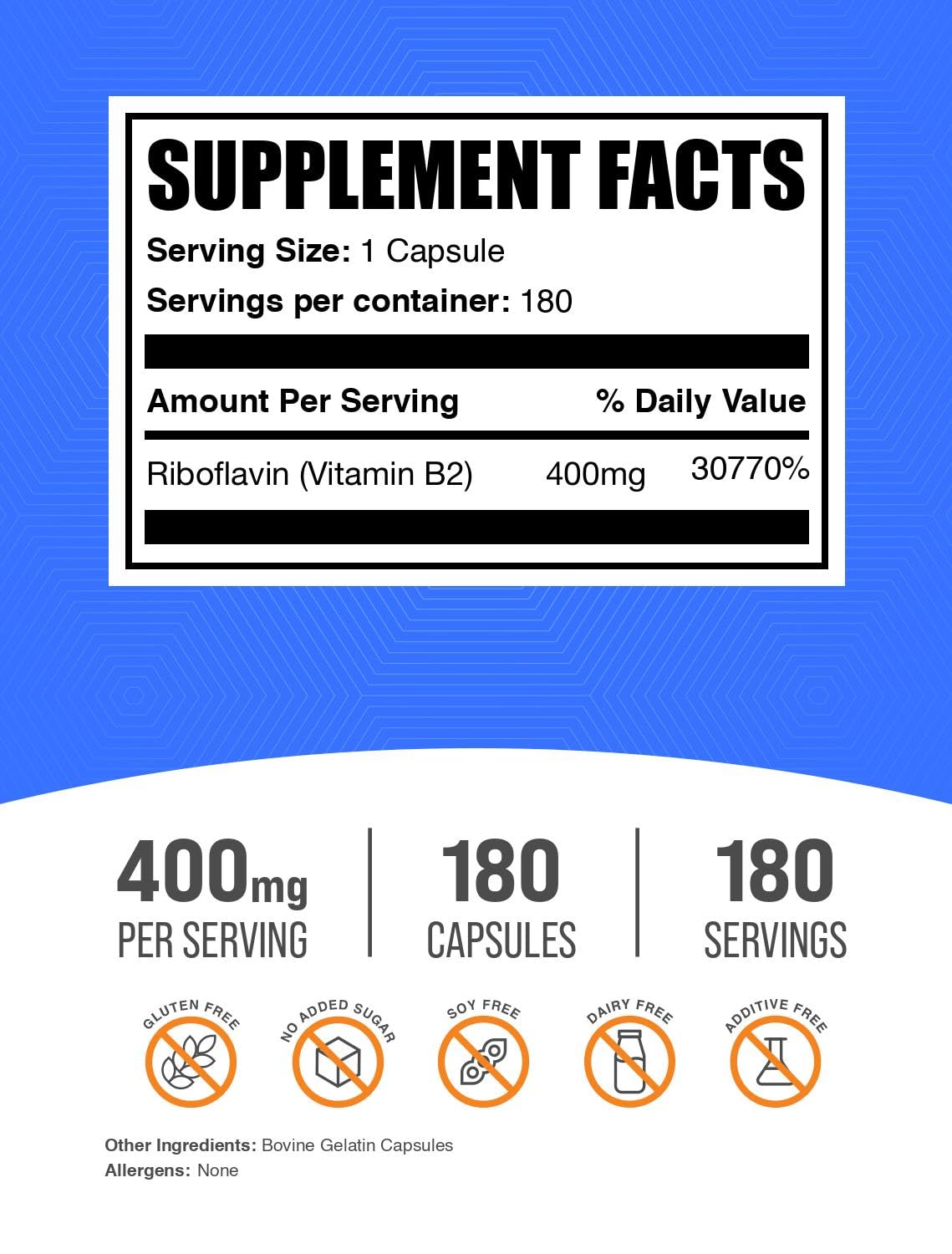 BulkSupplements Vitamin B2 high potency 400mg clean supplement facts and ingredient label.