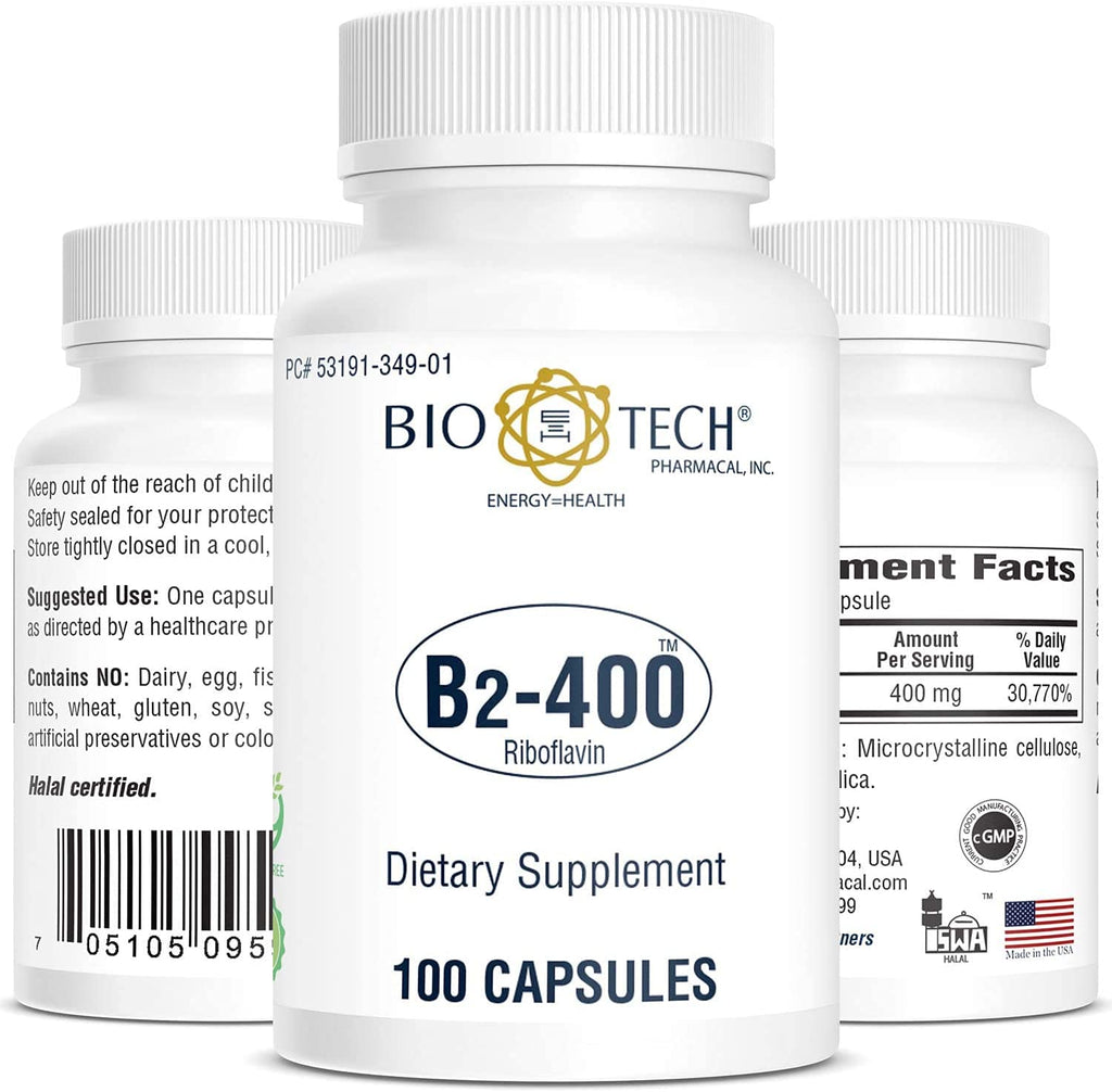 Bio-Tech Pharmacal Vitamin B2 supplement supplement facts panel detailing 400 mg dosage