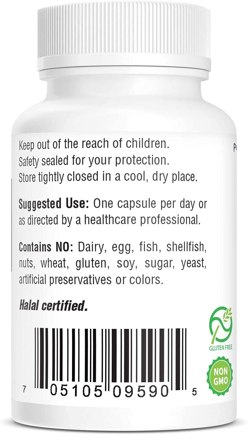 Side profile of imported Bio-Tech Pharmacal allergy friendly capsule bottle with allergen list