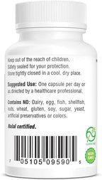 Side profile of imported Bio-Tech Pharmacal allergy friendly capsule bottle with allergen list