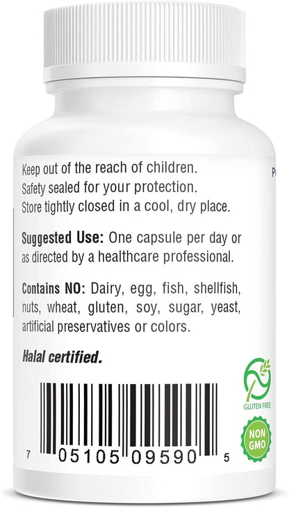 Side profile of imported Bio-Tech Pharmacal allergy friendly capsule bottle with allergen list