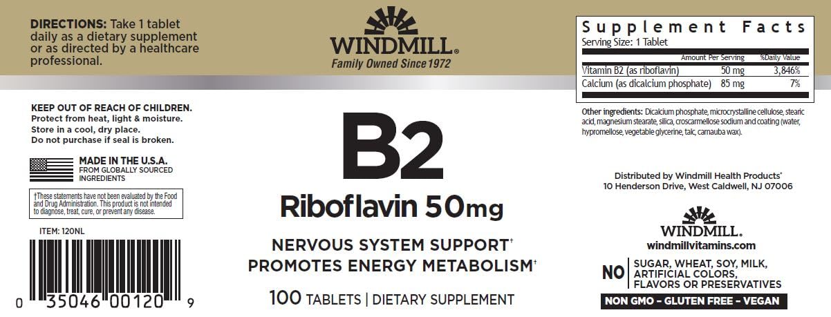 Windmill Vitamin B2 dietary supplement supplement facts panel details