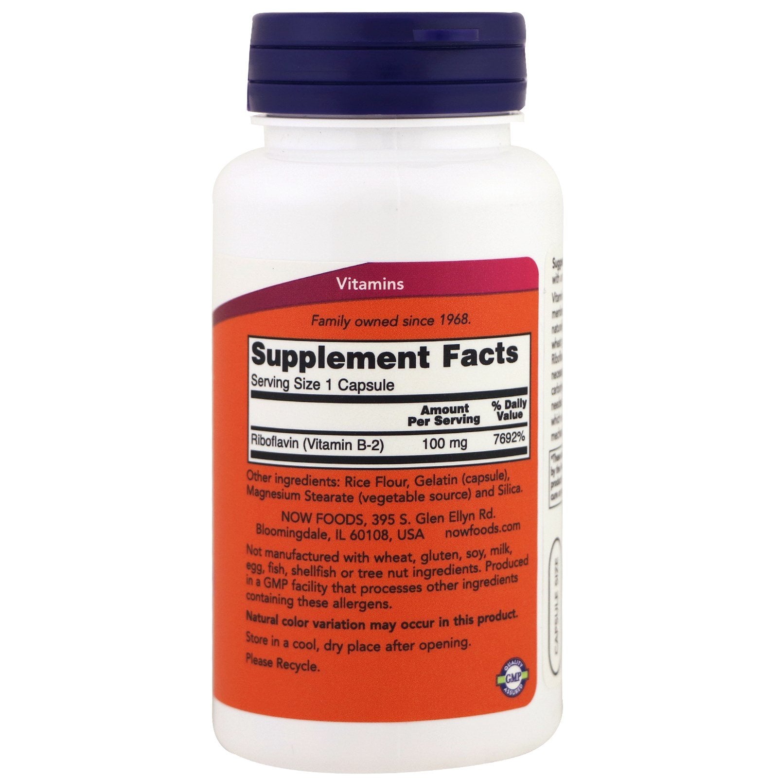 Side angle of NOW Foods Riboflavin supplement highlighting the high-potency non-GMO and GMP quality assured certifications