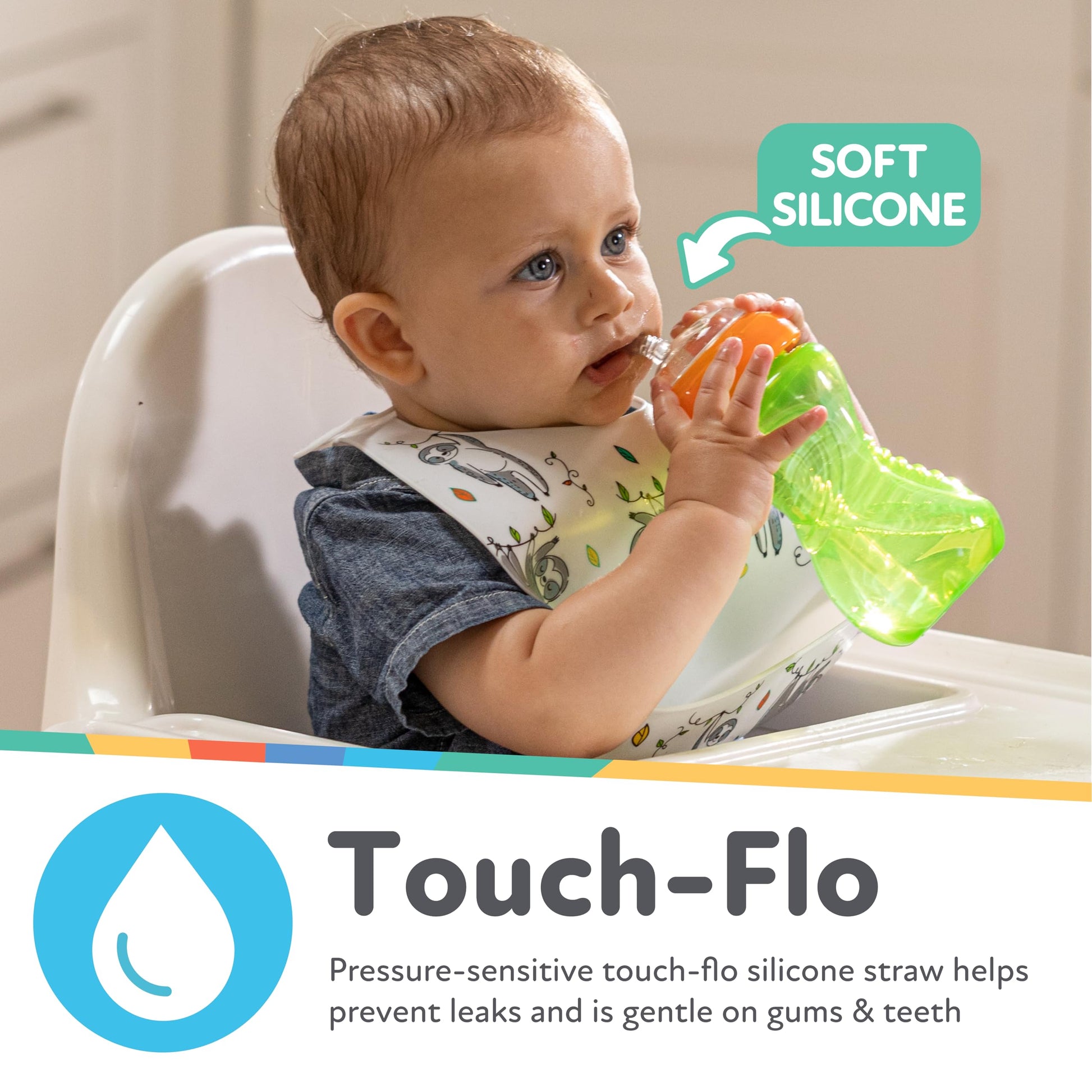 Nuby toddler training bottles in orange blue and green colors