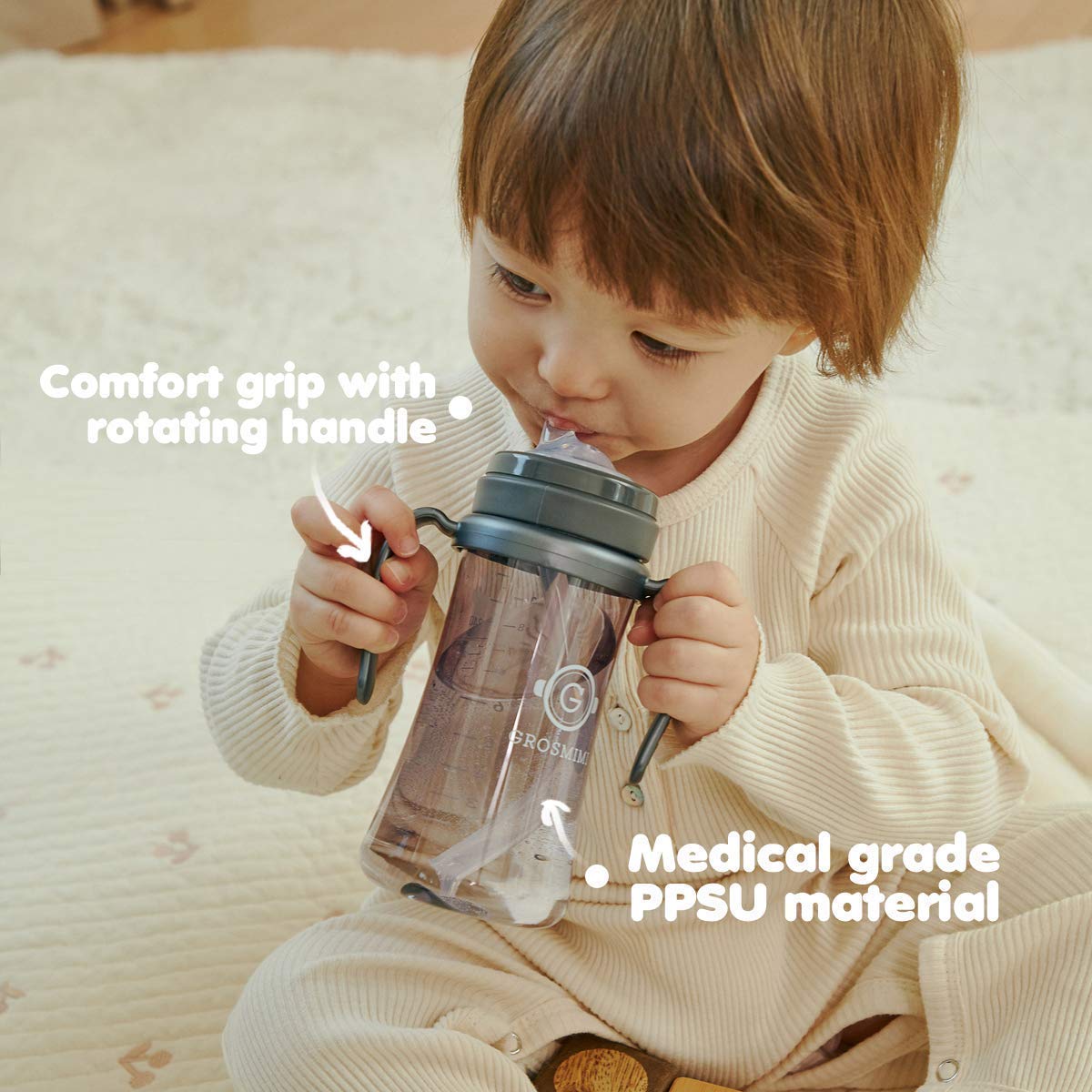 Toddler training cup showcasing the durable transparent PPSU body and volume markings