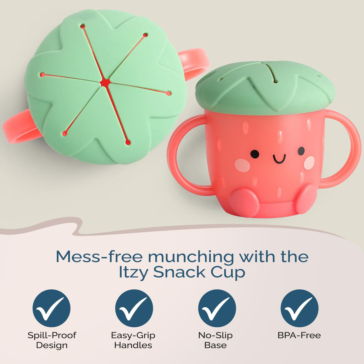 Side profile of Itzy Ritzy Toddler Snack Cup with ergonomic handles