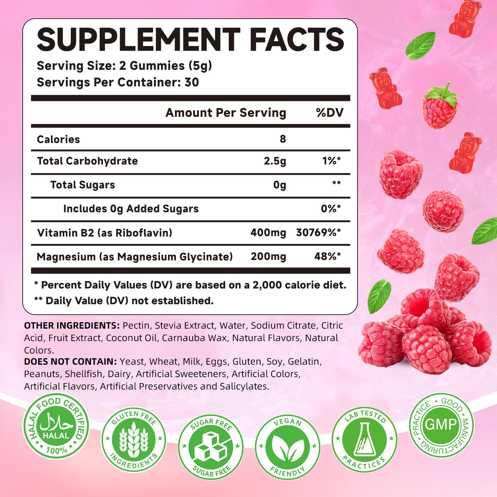 Mchokuu Riboflavin 400mg sugar free vegan gummies supplement facts label