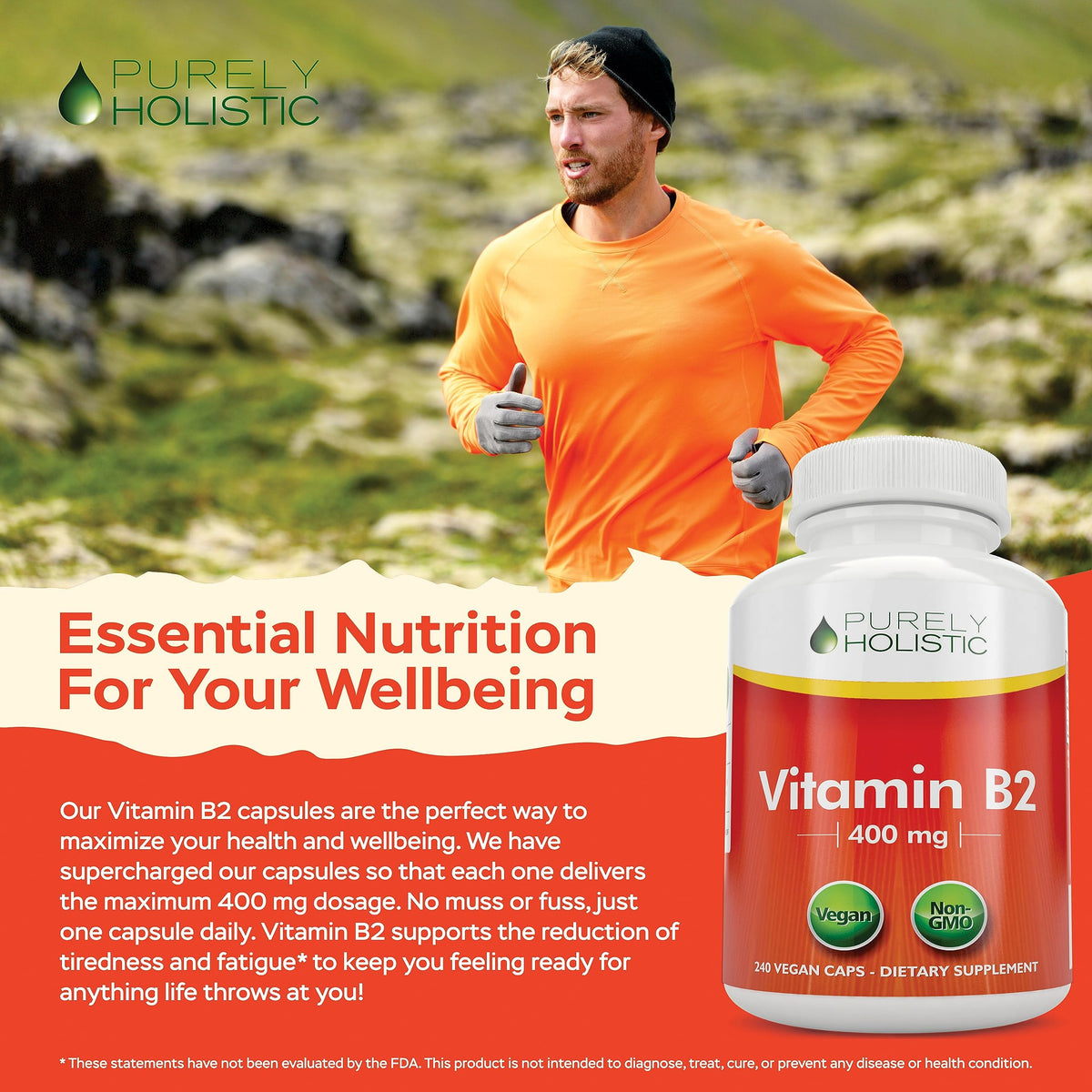 Purely Holistic Vitamin B2 dietary supplement side panel with usage instructions