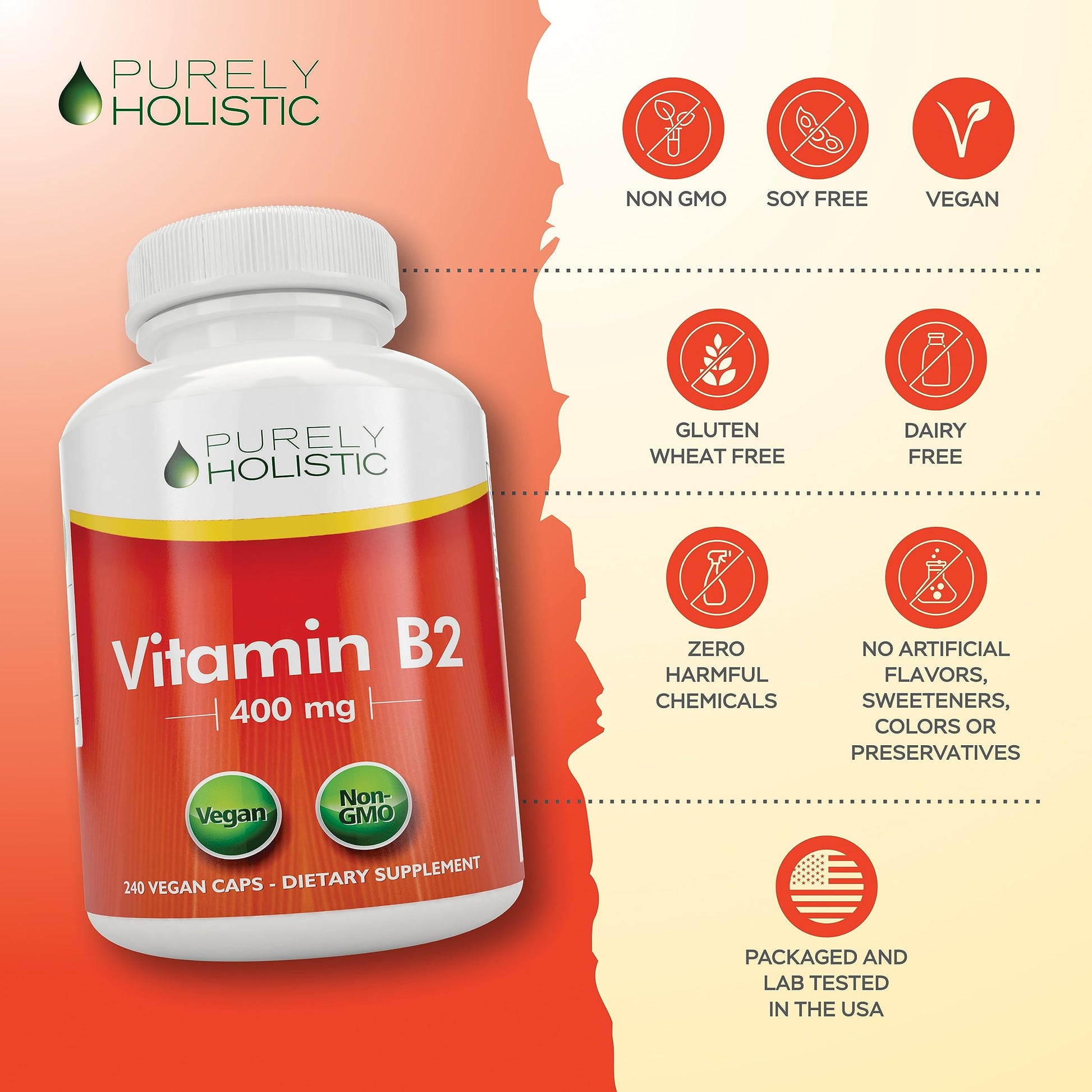 Purely Holistic plant based riboflavin capsules container for daily metabolism support