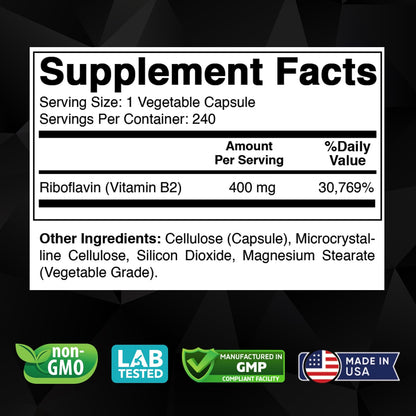 Vitabod Riboflavin 400mg supplement facts panel detailing pure vitamin b2 ingredients
