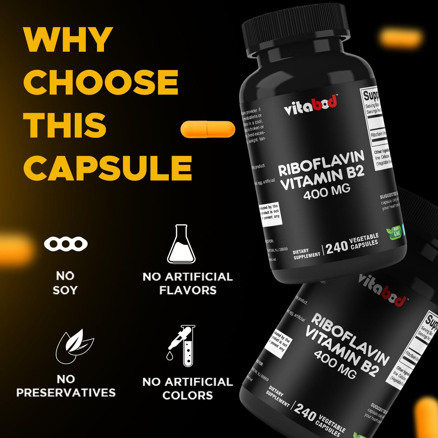 Close up view of Vitabod Vitamin B2 400mg capsules highlighting vegetarian friendly formula