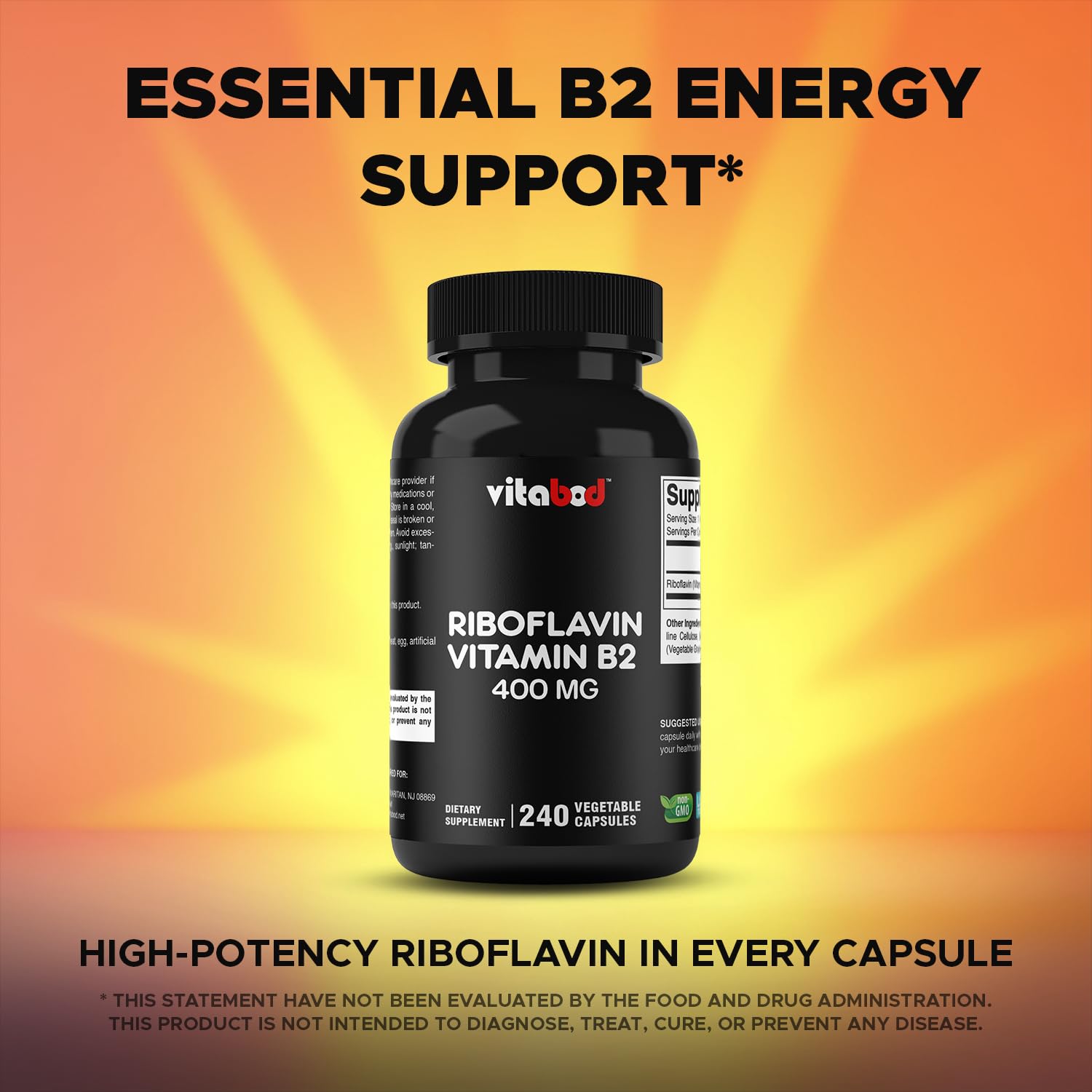 Authentic Vitabod Vitamin B2 400mg bottle displaying soy free and sugar free features