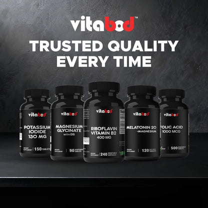 Top view of Vitabod Vitamin B2 240 capsules container with premium safety seal packaging
