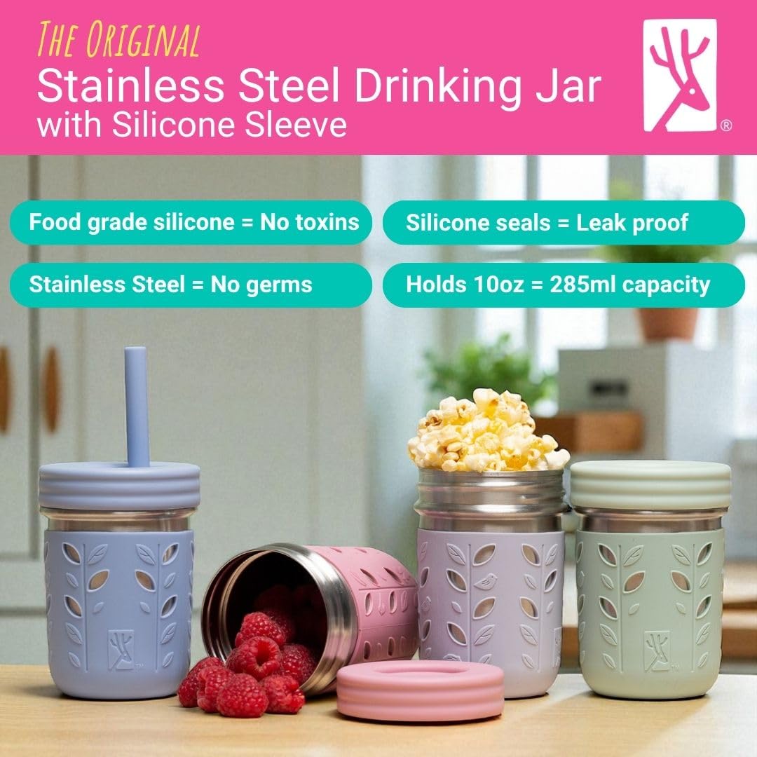Elk and Friends ten ounce toddler tumblers with silicone straws and matching storage lids