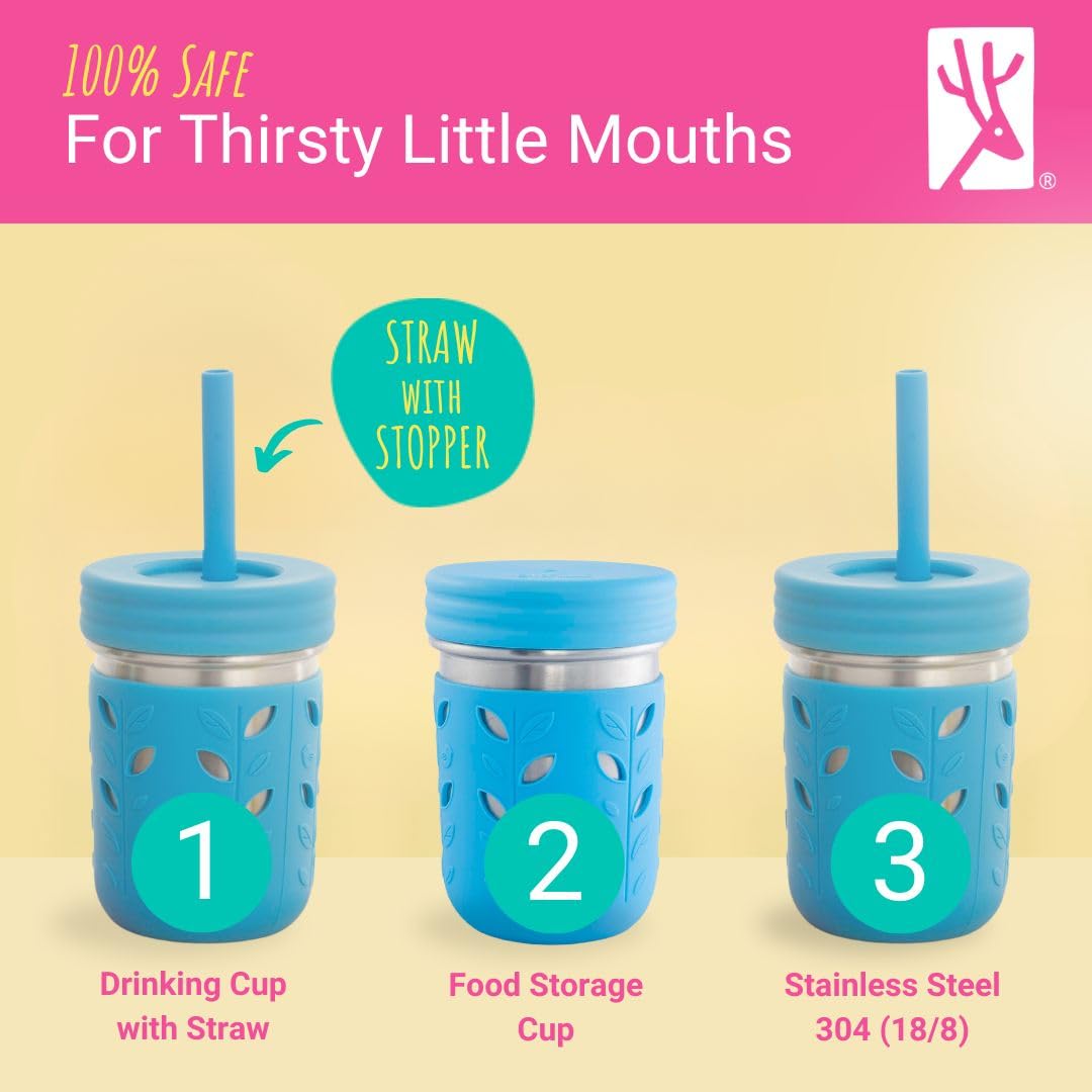 Premium stainless steel mason jars for children displaying the leaf pattern protective sleeves