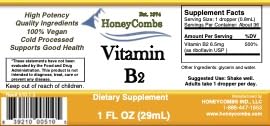 HoneyCombs Vitamin B2 alcohol free liquid extract bottle showing clear supplement facts labeling