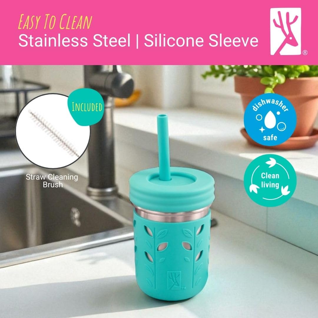 Elk and Friends kids cups packaging showing four colorful stainless steel jars and cleaning brush