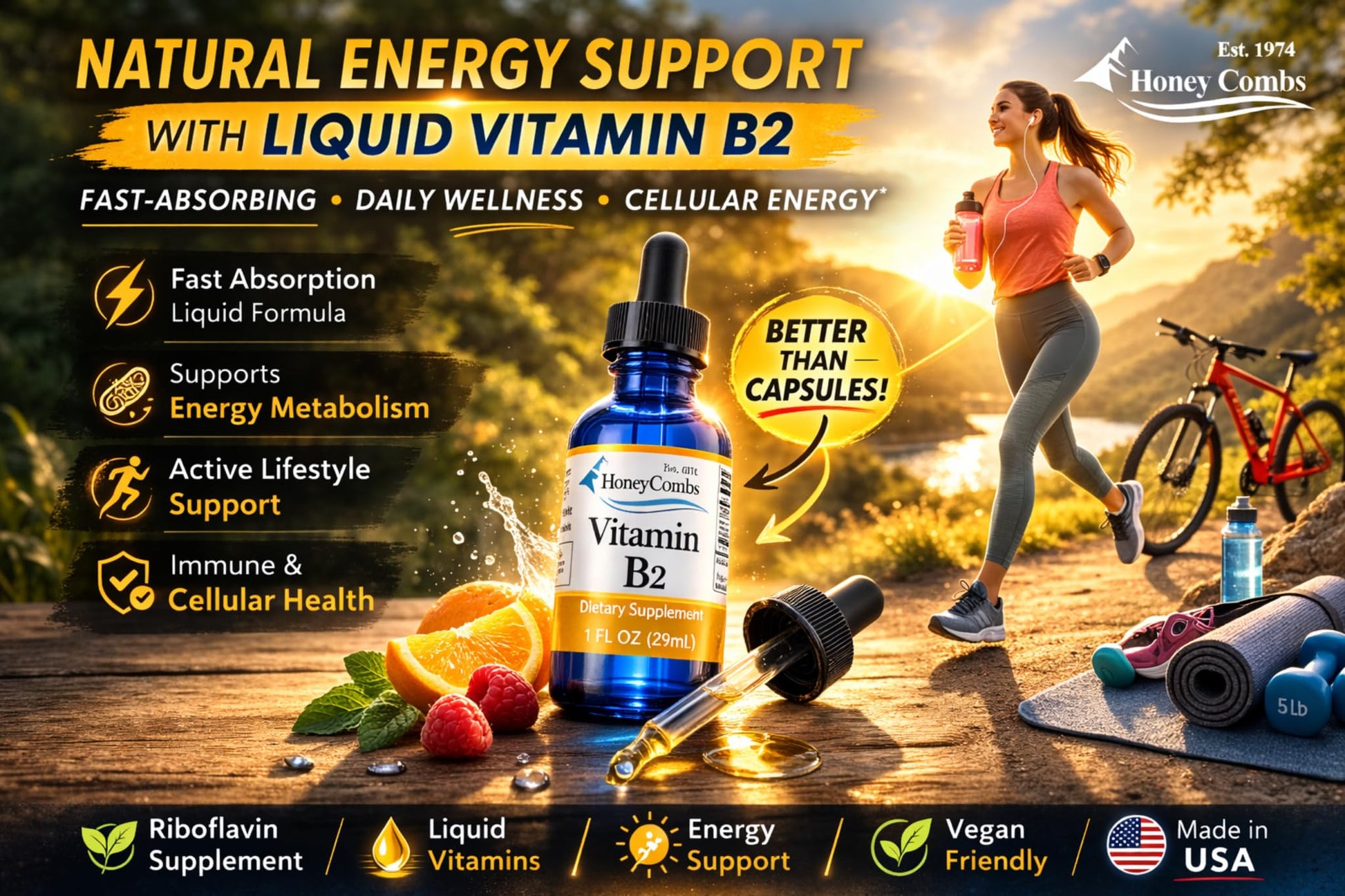 Side view of HoneyCombs Vitamin B2 drops packaging listing pure dietary ingredients