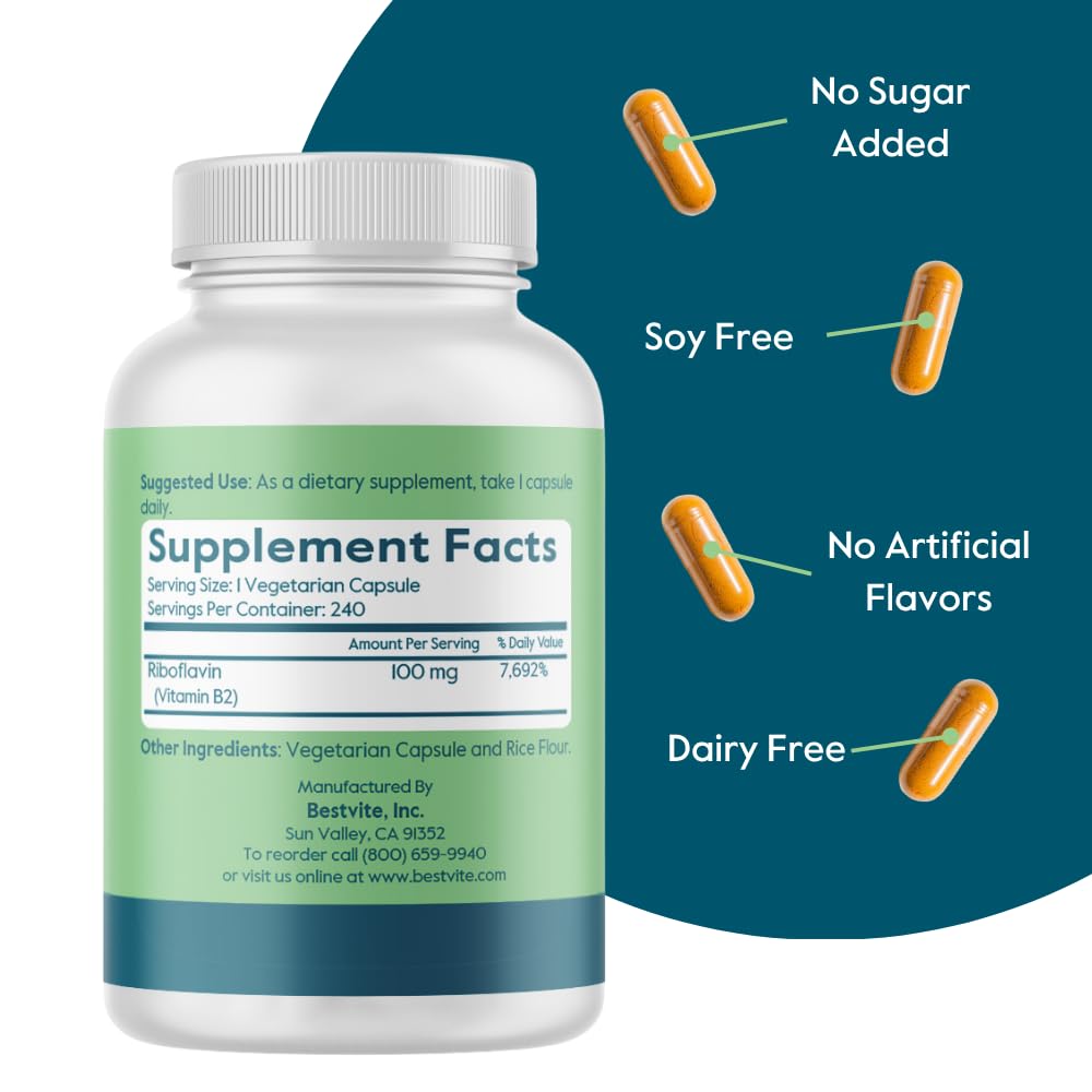 Supplement facts panel on the back of Bestvite Vitamin B2 100 mg container detailing ingredients